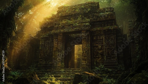 Fototapeta Naklejka Na Ścianę i Meble -  Mysterious jungle covered ancient temple ruins with intricate carvings and sunlit altar discovery