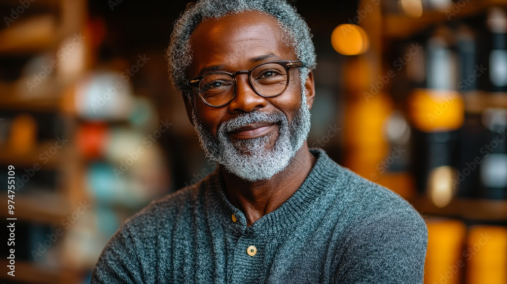 Smiling Elderly African American Man with Salt-and-Pepper Beard in Cozy Indoor Setting, Concept of Happiness and Wisdom Smiling Elderly African American Man with Salt-and-Pepper Beard in Cozy Indoor Setting, Concept of Happiness and Wisdom