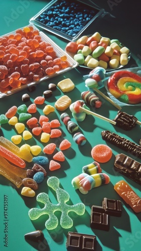 Candy – Overhead Shot of Colorful Candies Including Lollipops and Gummies on a Vibrant Background
