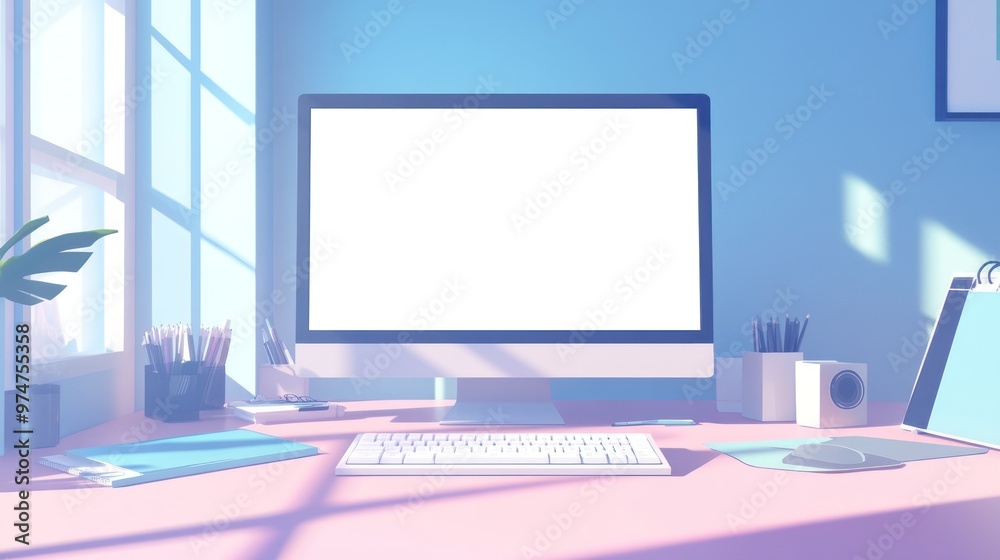 Fototapeta premium A minimalist workspace with a blank computer screen and organized stationery.