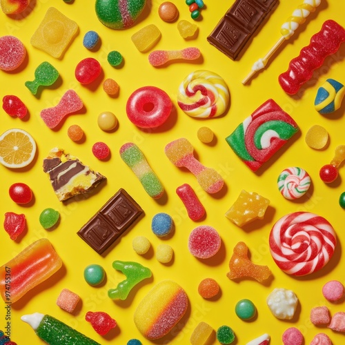 Candy – Overhead Shot of Colorful Candies Including Lollipops and Gummies on a Vibrant Background
