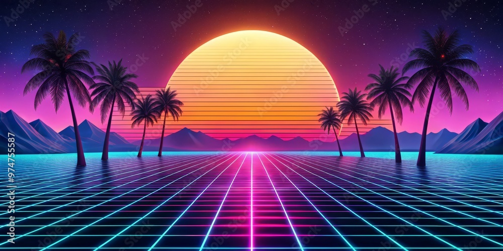 Fototapeta premium Digital Sunset with Palm Trees and Grid, Retro, 80s, Synthwave