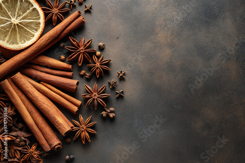 Background with ingredients such as cinnamon, cloves, and star anise, symbolizing the warmth of this traditional winter drink