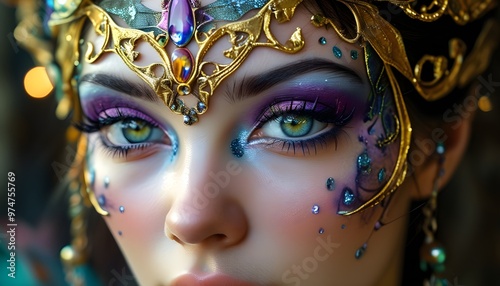 Vibrant close-up of a womans eyes adorned with fantasy carnival makeup, showcasing intricate designs and bold colors