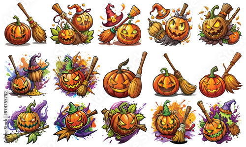 Halloween Broomstick Pumpkin T-shirt Design, Hand drawn artistic illustration on a clean white background, Icon Concept isolated. High-quality artwork perfect for Halloween lovers and prints.