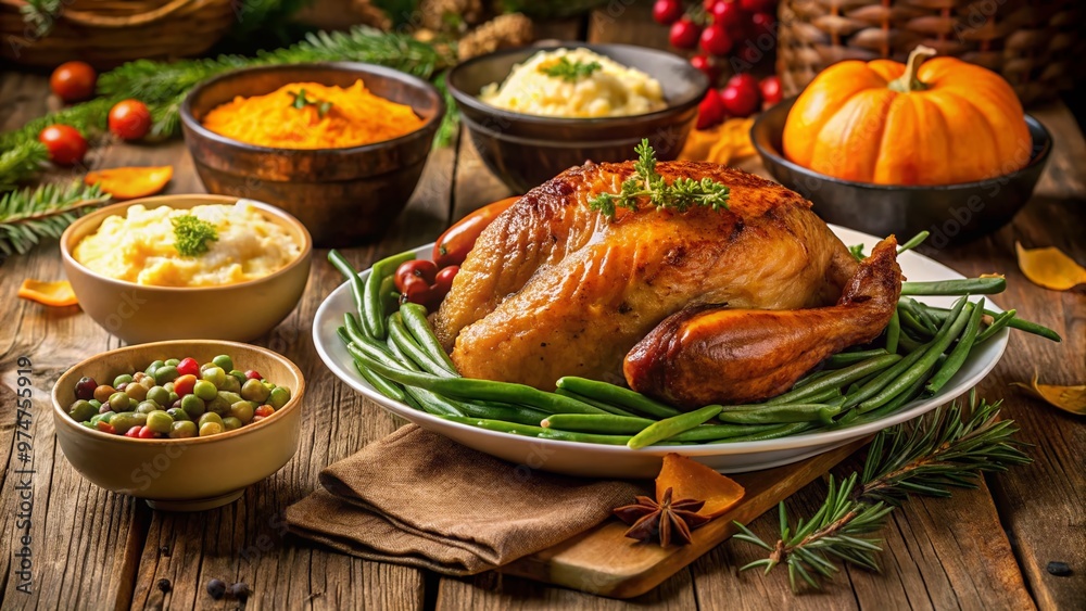 Warmly lit traditional holiday feast with roasted turkey, golden mashed potatoes, green beans, and pumpkin pie, set on a beautifully decorated wooden table. Warmly lit traditional holiday feast with roasted turkey, golden mashed potatoes, green beans, and pumpkin pie, set on a beautifully decorated wooden table.