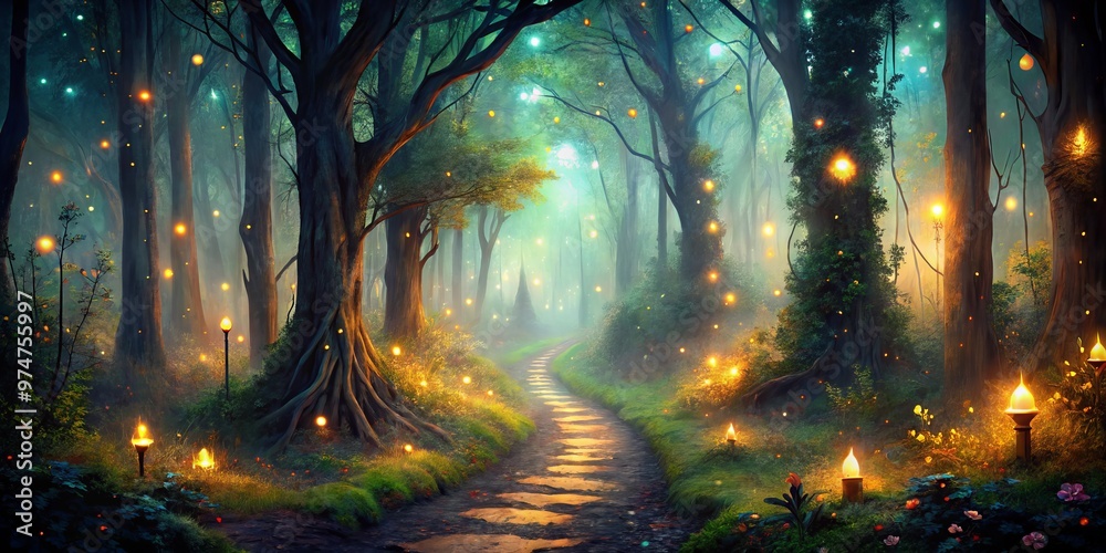 Enchanted Forest Path, Digital Art, Fantasy Landscape, Magical Lights, Fairy Tale , Forest , Fantasy