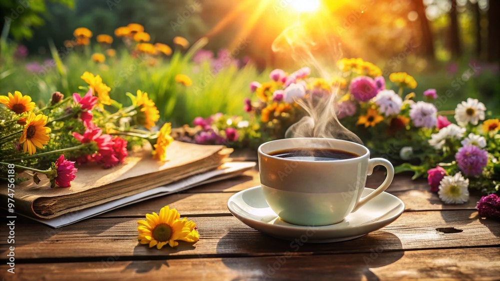 Warm morning sunlight illuminates a steaming cup of freshly brewed coffee on a rustic wooden table, surrounded by scattered morning newspapers and vibrant blooming flowers. Warm morning sunlight illuminates a steaming cup of freshly brewed coffee on a rustic wooden table, surrounded by scattered morning newspapers and vibrant blooming flowers.