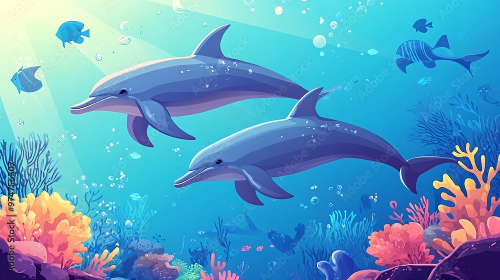Obraz premium Two dolphins swim through a vibrant coral reef with colorful fish and sunbeams.