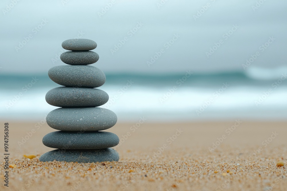 Balanced Stones on Sandy Beach with Blurry Ocean Background Balanced Stones on Sandy Beach with Blurry Ocean Background