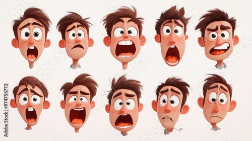 A series of characters with expressive faces, each showing emotions like surprise, sadness, or relief in a clean, minimalist style, white background 