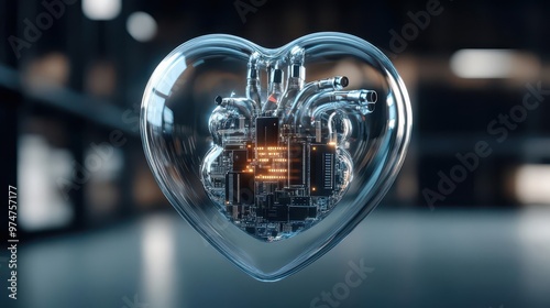 A floating large clear glass heart with digital circuit boards glowing inside photo