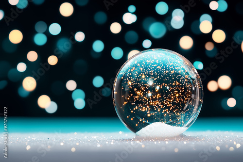 Close-up christmas water globe with snow and gold sparkles bokeh in the background