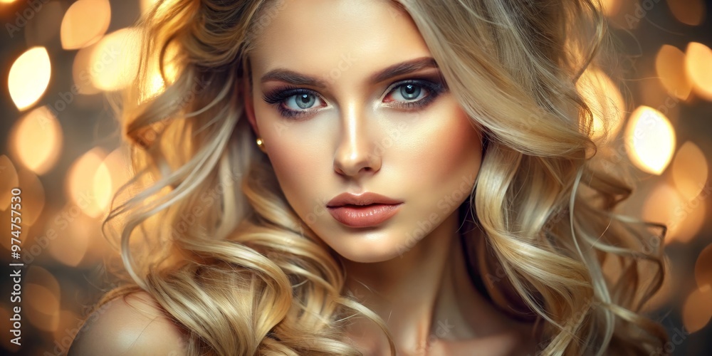 Fototapeta premium Golden Glow Close-up Portrait of a Woman with Blonde Hair and Dramatic Makeup, beauty, portrait, glamour