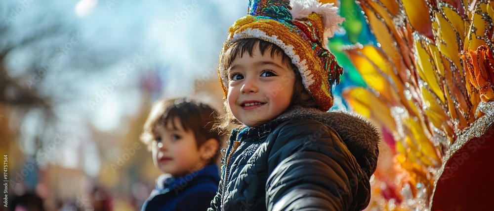 Festive Thanksgiving child Parade with Cultural Floats and Diverse Participants Beneath Sunny Skies Festive Thanksgiving child Parade with Cultural Floats and Diverse Participants Beneath Sunny Skies
