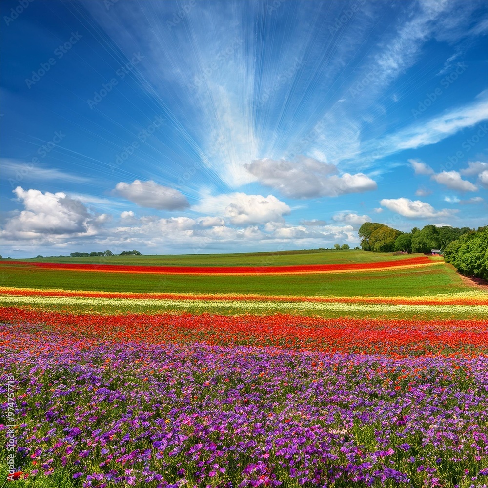 Expansive Flower Fields Under a Bright Spring Sky, Bursting with Color Expansive Flower Fields Under a Bright Spring Sky, Bursting with Color