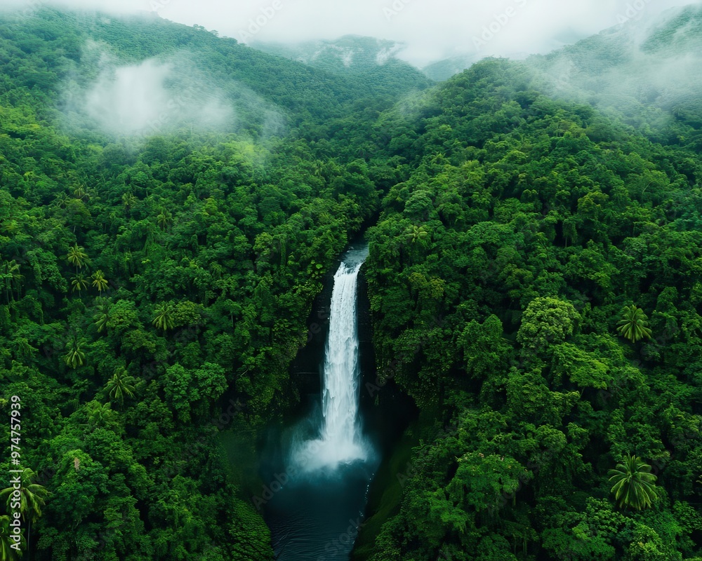 A waterfall tumbling into a pool surrounded by jungle, mist swirling in the breeze waterfall, jungle, tropical mist A waterfall tumbling into a pool surrounded by jungle, mist swirling in the breeze waterfall, jungle, tropical mist