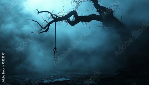 Eerie night scene featuring a noose on a gnarled tree, perfect for halloween horror poster design