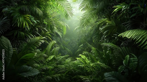 A dense tropical jungle scene, with tall trees and ferns swaying slightly in the breeze tropical jungle, trees, wind