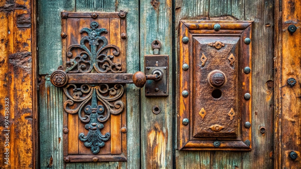 Weathered wooden door with ornate iron hinges and rusty doorknob, adorned with old-fashioned mail slot and distressed finish, evoking a sense of nostalgic charm. Weathered wooden door with ornate iron hinges and rusty doorknob, adorned with old-fashioned mail slot and distressed finish, evoking a sense of nostalgic charm.
