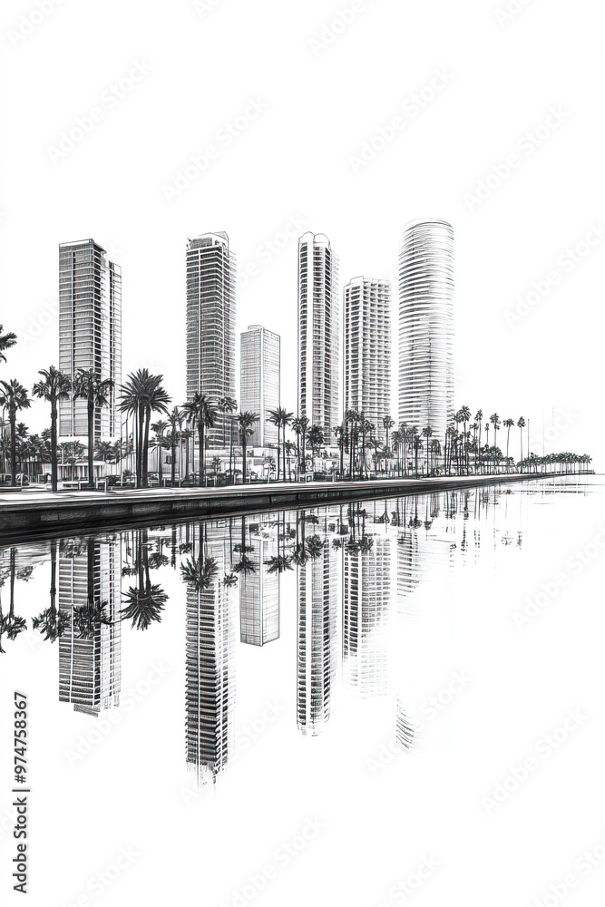 Obraz premium Long Beach, California, black and white pen pencil hand-drawn effect portrait drawing illustration for travel poster, card, wallpaper, backdrop or banner. Modern, clear, artistic and simple