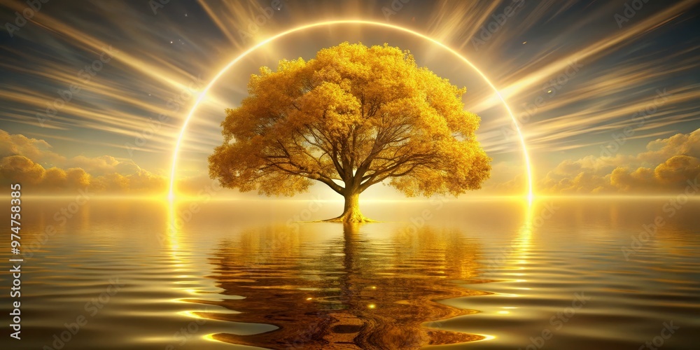 Golden Tree in a Halo of Light, digital art, fantasy, landscape, tree, halo, sky Golden Tree in a Halo of Light, digital art, fantasy, landscape, tree, halo, sky