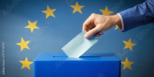 Hand Casting a Ballot in Front of the European Union Flag, blue, white , ballot box , election , EU , Europe