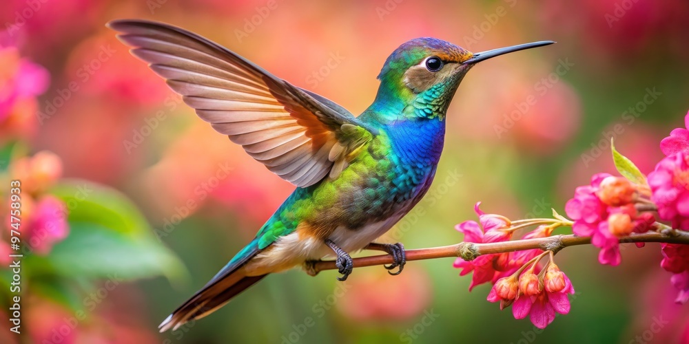 Fototapeta premium Hummingbird in Flight A Vibrant Burst of Color, Wings Spread Wide, Nature's Beauty ,Hummingbird, Nature, Birds
