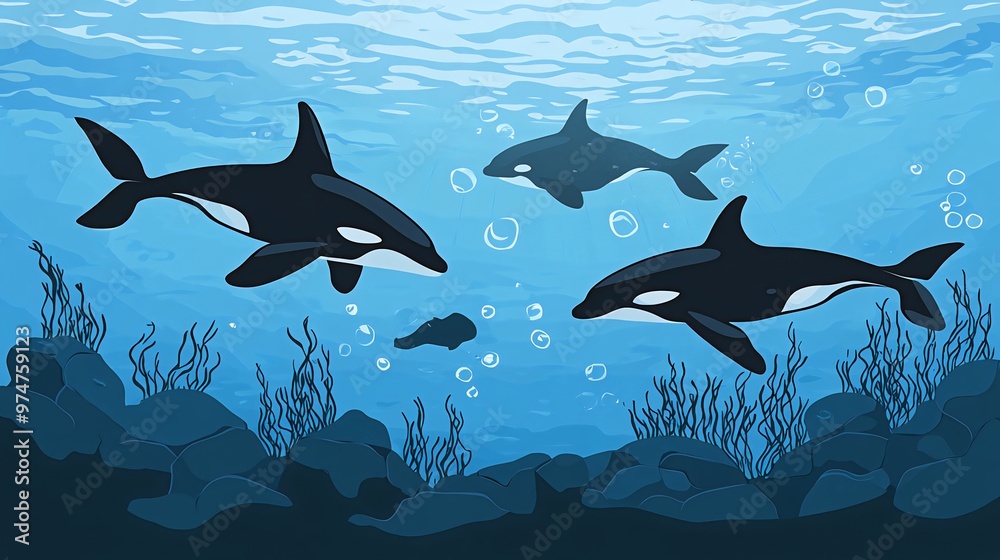Obraz premium Three orcas swim in the deep blue ocean, surrounded by seaweed and rocks.