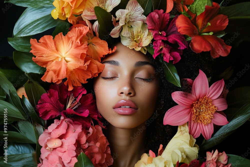 A vibrant portrait of a woman adorned with colorful flowers, blending beauty and nature in art