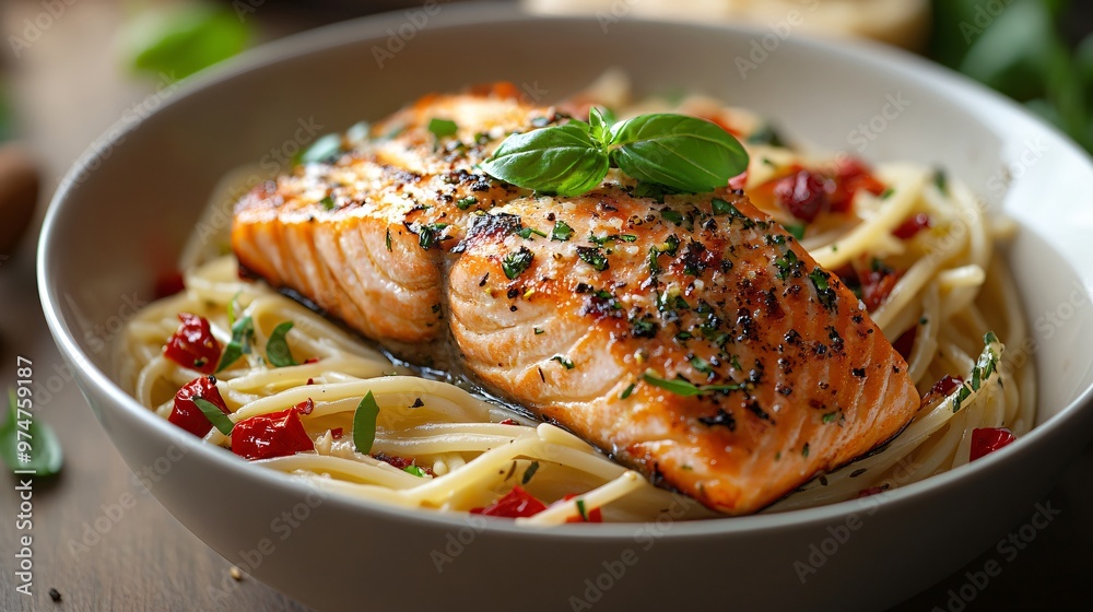 Gourmet Herb-Seared Salmon Pasta Dish: Realistic 3D Rendering of Savory Delight Gourmet Herb-Seared Salmon Pasta Dish: Realistic 3D Rendering of Savory Delight