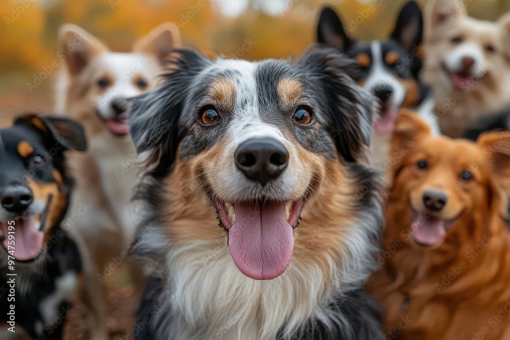 playful group of diverse dog breeds posing for a selfie tongues out and ears perked against a softfocus park background playful group of diverse dog breeds posing for a selfie tongues out and ears perked against a softfocus park background