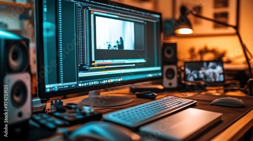 A modern workspace featuring a computer setup for digital editing and design tasks.