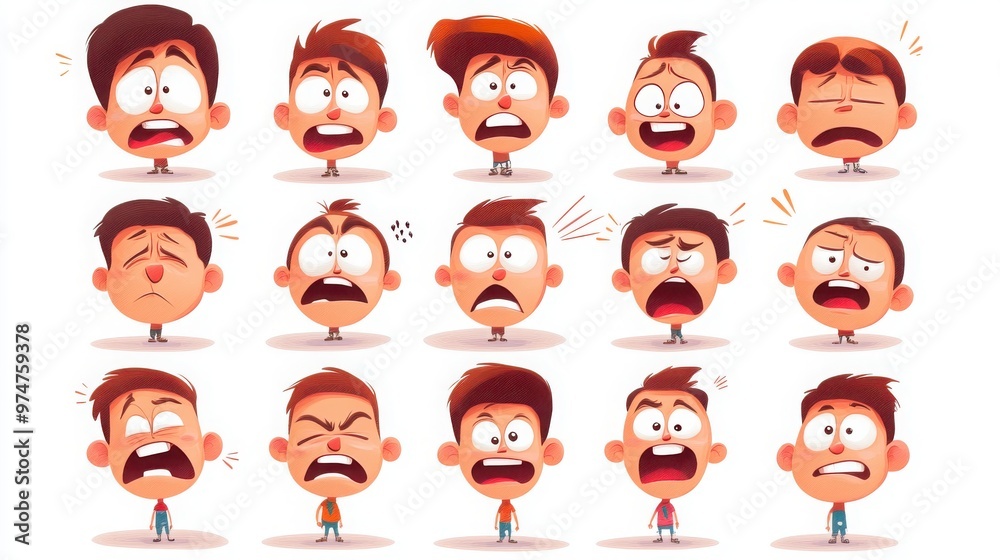 Characters in different emotional states such as worry, anger, and excitement, with clear expressions and simple, sharp lines, white background Characters in different emotional states such as worry, anger, and excitement, with clear expressions and simple, sharp lines, white background