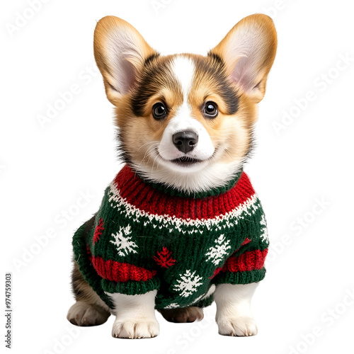 Adorable Corgi Puppy Wearing Merry Christmas Sweater with Red and Green Stripes on White Background photo