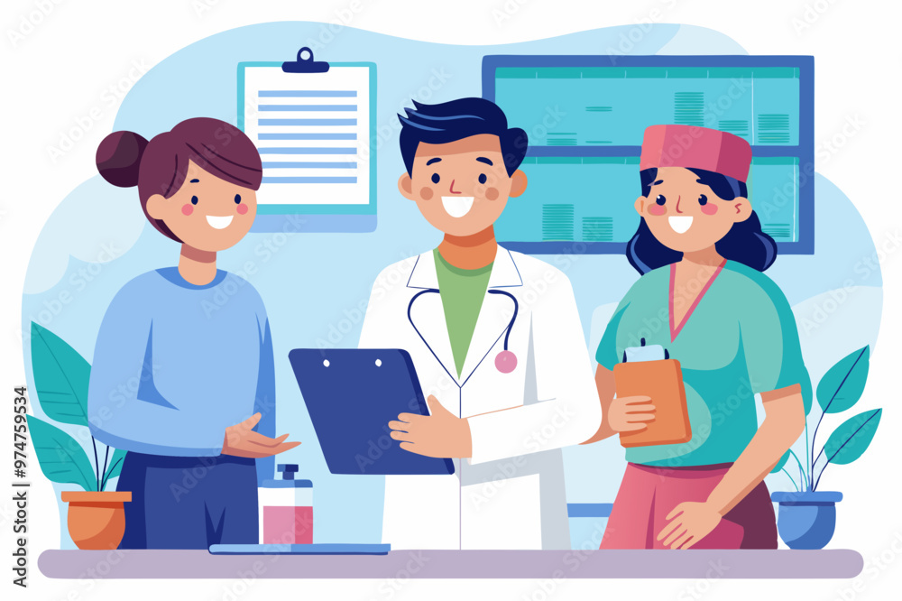 Vector illustration of a doctor and a nurse happy and discussing about patient Vector illustration of a doctor and a nurse happy and discussing about patient