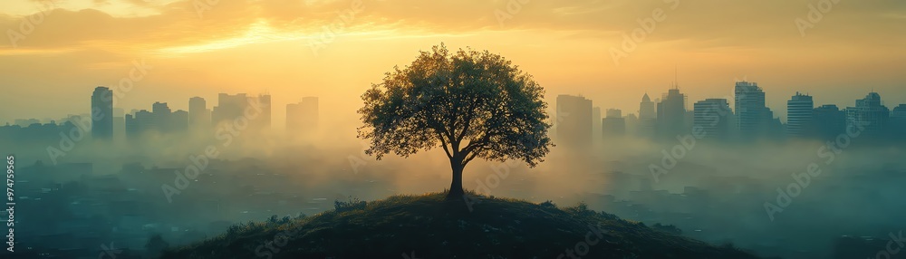 A tree stands resilient in a smoggy cityscape, representing natures struggle against urban pollution A tree stands resilient in a smoggy cityscape, representing natures struggle against urban pollution