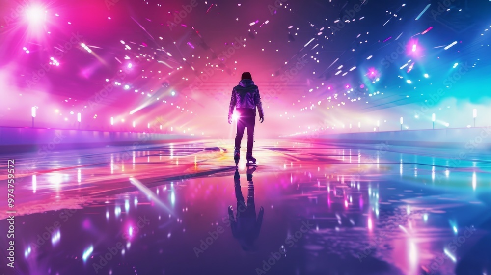 Dynamic ice skater surrounded by colorful neon lights, reflecting on the ice surface in a vivid and energetic scene. Dynamic ice skater surrounded by colorful neon lights, reflecting on the ice surface in a vivid and energetic scene.