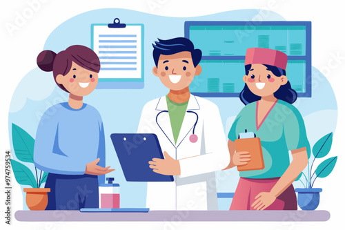 Vector illustration of a doctor and a nurse happy and discussing about patient