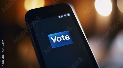 Close up of smartphone displaying voting app, emphasizing digital democracy and technologys role in modern voting processes  photo