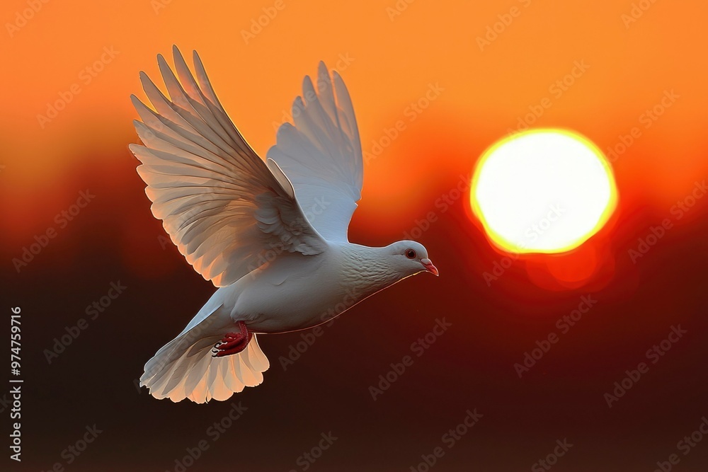 Obraz premium White Dove in Flight Against a Sunset Sky