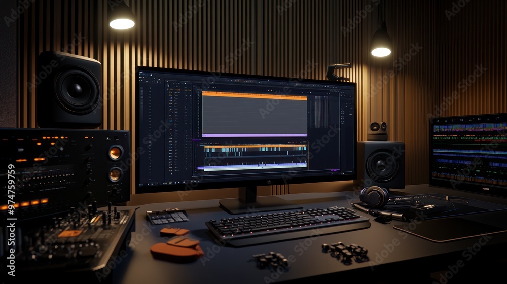 A modern audio production setup featuring monitors, speakers, and editing software. A modern audio production setup featuring monitors, speakers, and editing software.