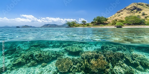 Tropical island with underwater coral reef.