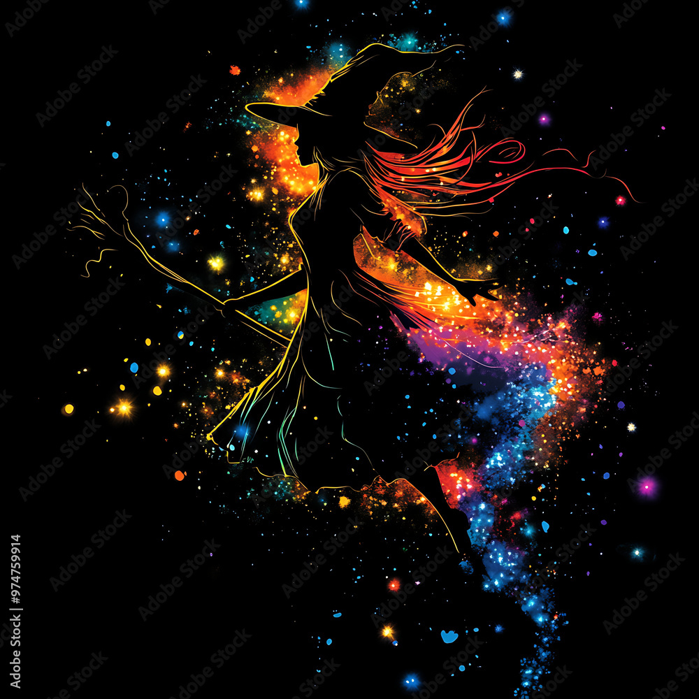 Naklejka premium A colorful illustration depicting a silhouette of a witch flying on a broom against a dark, starry night sky.