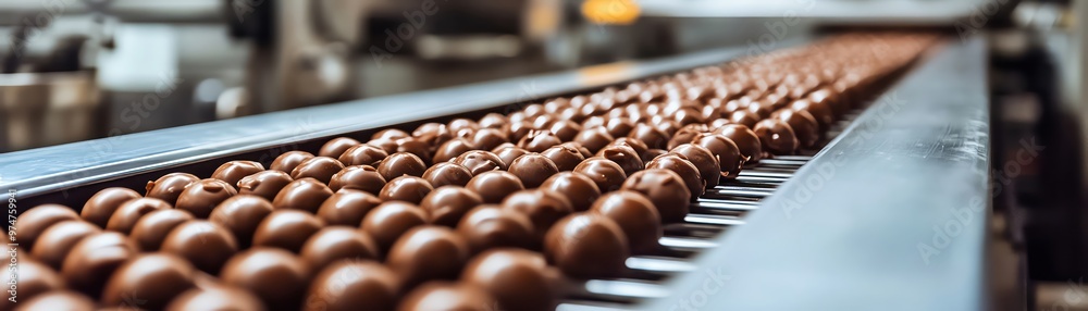 Chocolate candies moving along a conveyor belt in a large production line Chocolate candies moving along a conveyor belt in a large production line