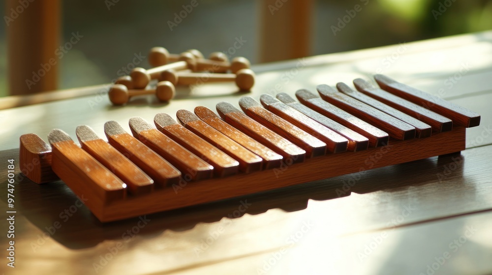A wooden xylophone with smooth bars arranged for musical play. A wooden xylophone with smooth bars arranged for musical play.