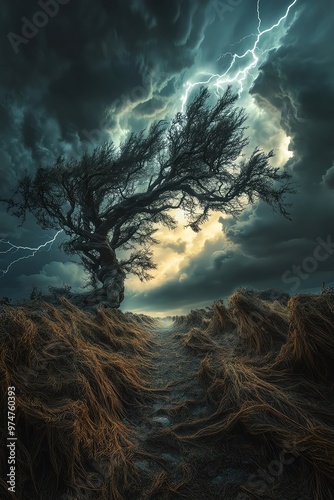 Eerie, lightninglit landscape with twisted trees and ominous clouds photo