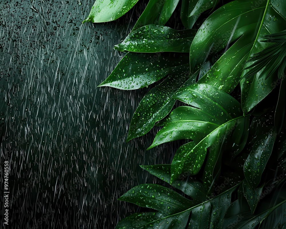 Fototapeta premium A tropical rainstorm approaching a jungle, with wind stirring the leaves and palm fronds tropical rainstorm, jungle, wind