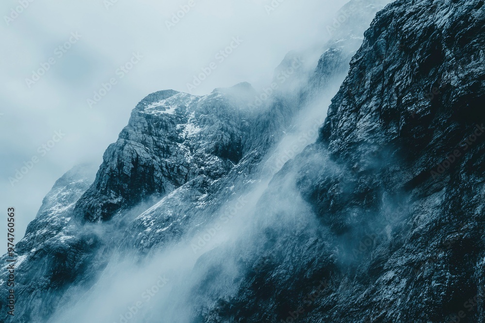 Misty Mountain Peak with Snow and Rock Formations Misty Mountain Peak with Snow and Rock Formations
