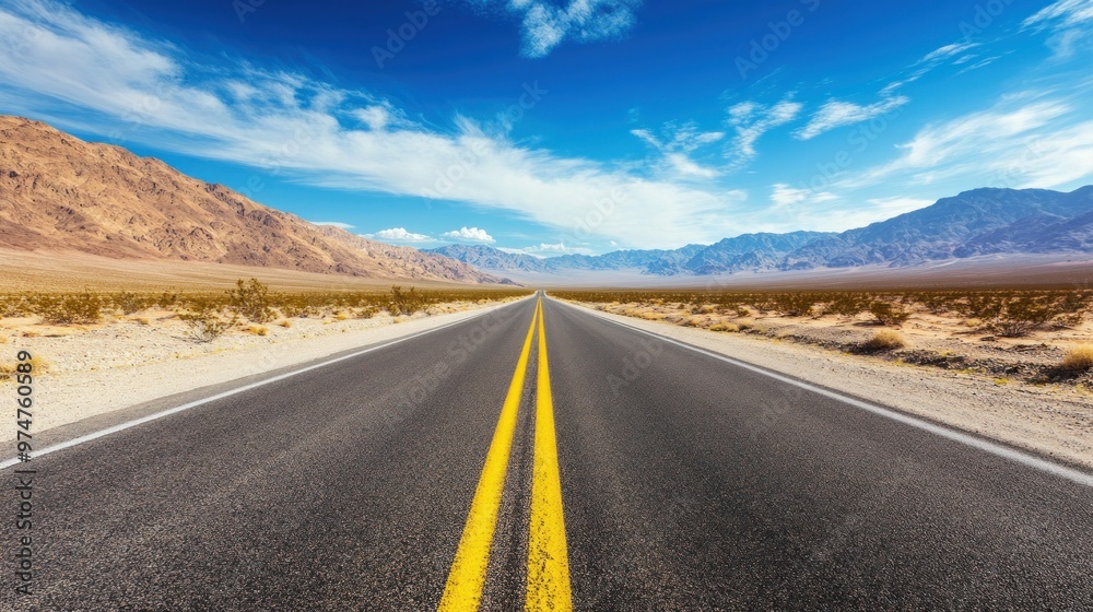 A long, straight road stretches through a desert landscape under a bright blue sky. A long, straight road stretches through a desert landscape under a bright blue sky.